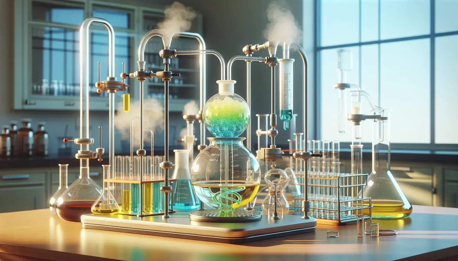 Laboratory with scientific glassware, flask with colored liquid connected to condenser, magnetic stirrer with green liquid and test tubes.