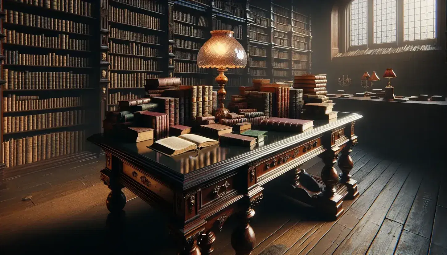 Scena di biblioteca antica con scrivania in legno scuro, libri rilegati, lampada da tavolo accesa e poltrona in pelle marrone.