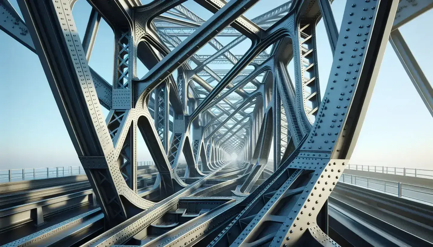 Close-up view of a steel truss bridge structure with interconnected metal beams forming geometric patterns against a clear blue sky.