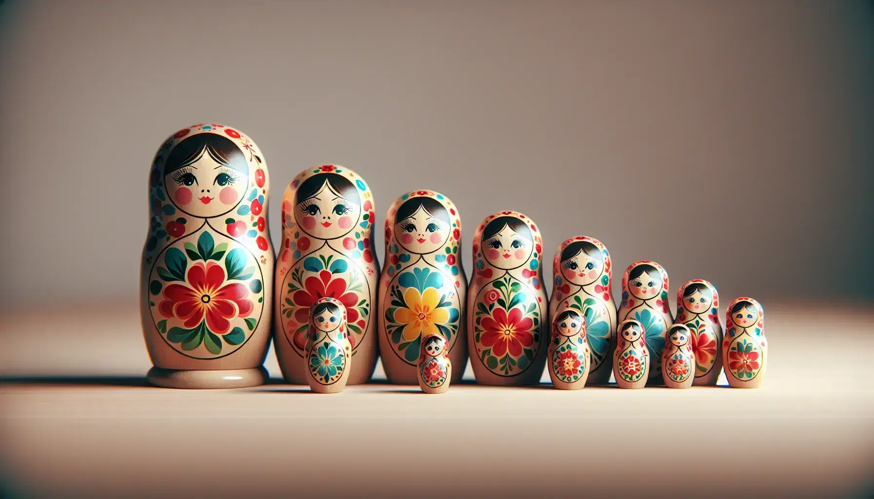 Conjunto de muñecas rusas matryoshkas en línea, la mayor abierta mostrando otras más pequeñas en su interior, decoradas con patrones florales coloridos.