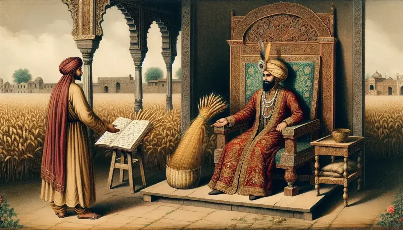 Mughal official in embroidered tunic scrutinizes farmer offering wheat as tax, with ledger and inkpot on stand, amid lush green fields under blue sky.