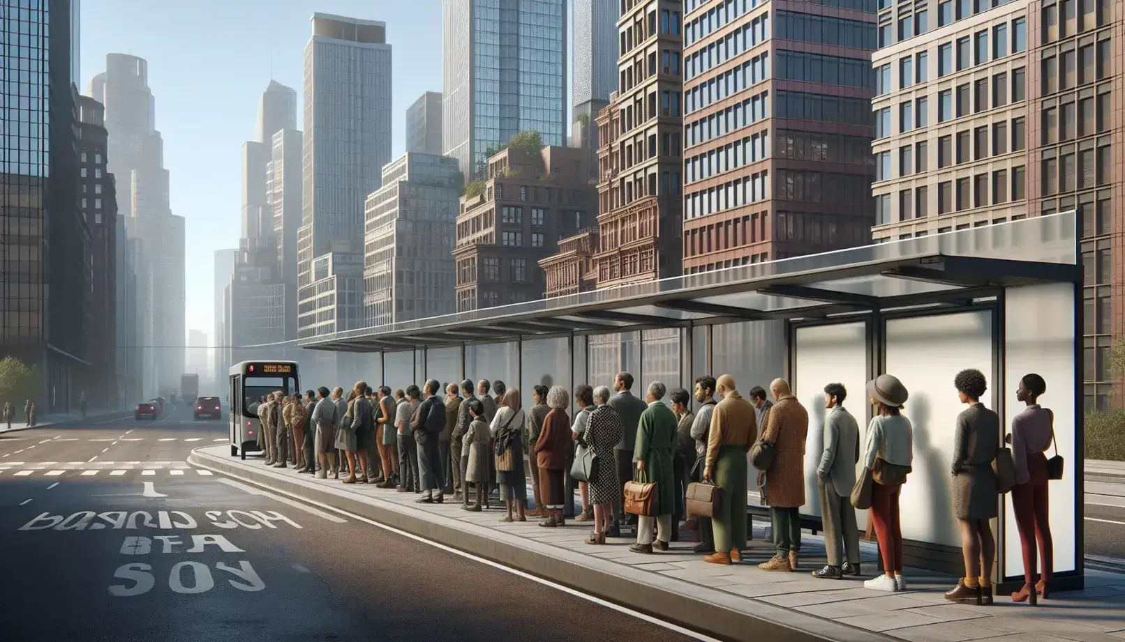 Diverse group of people queuing at a modern bus stop in a vibrant cityscape with reflective buildings and passing vehicles under a clear blue sky.