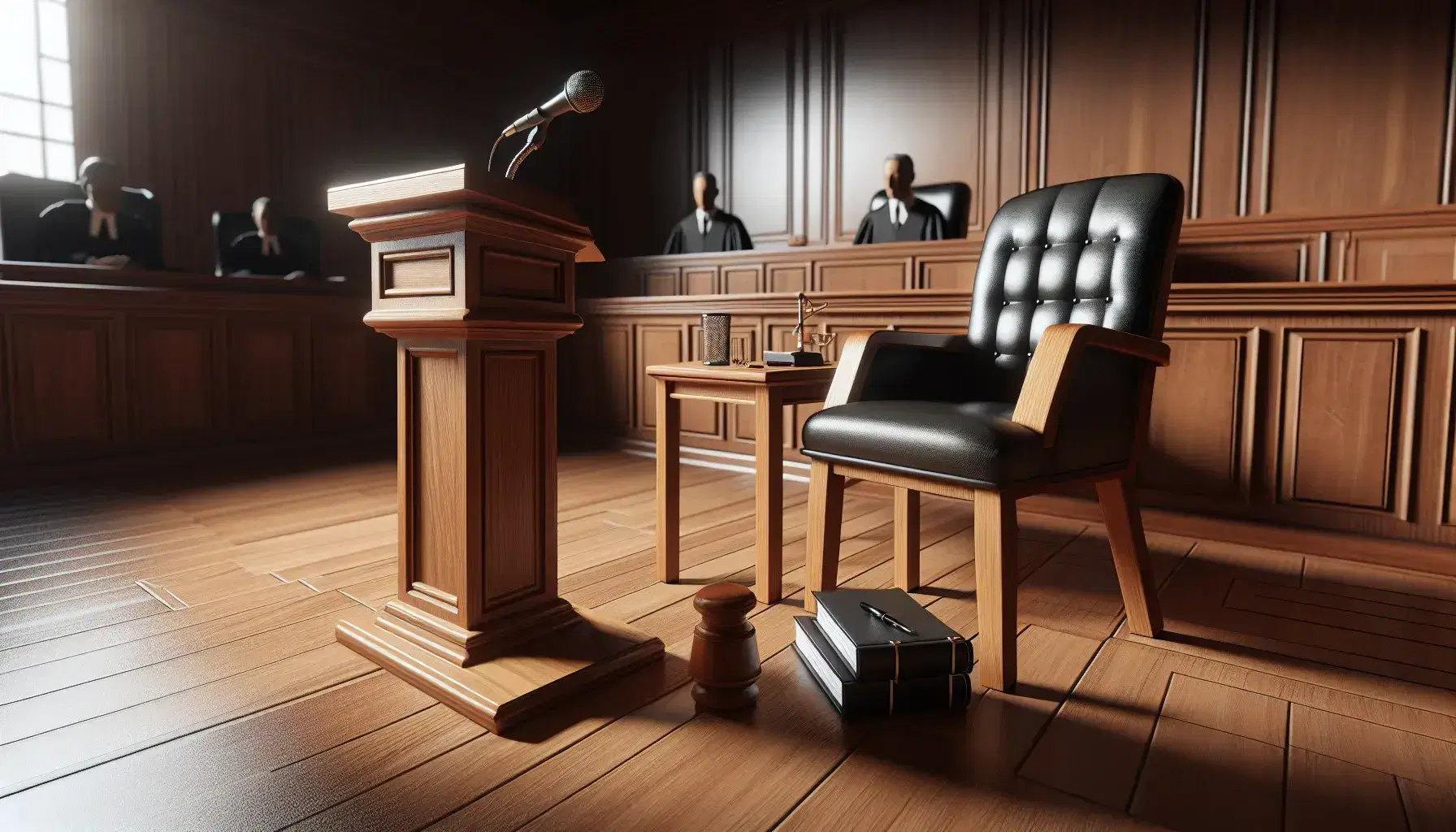 Courtroom with wooden witness stand and microphone, black leather chair, lawyer table with binders and notebook, judge's bench in background.