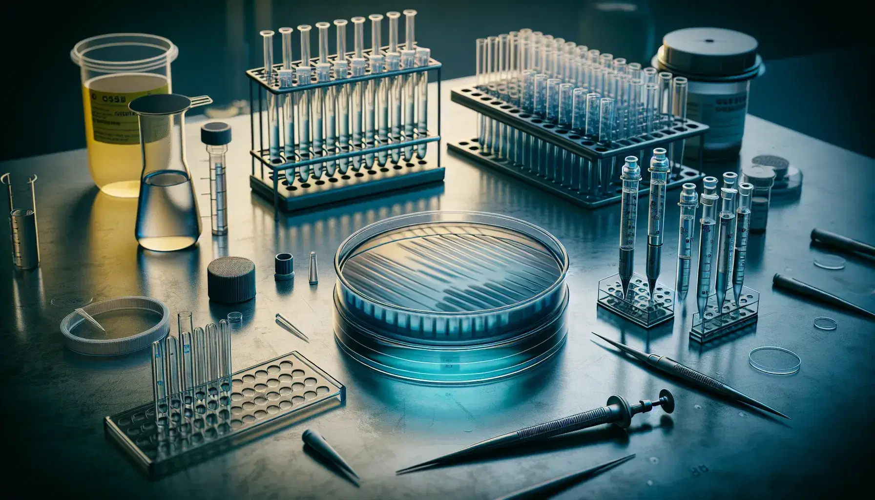 Close-up view of a laboratory bench with agarose gel in a petri dish, gradient-colored micropipettes on a stand, and a rack of microcentrifuge tubes.