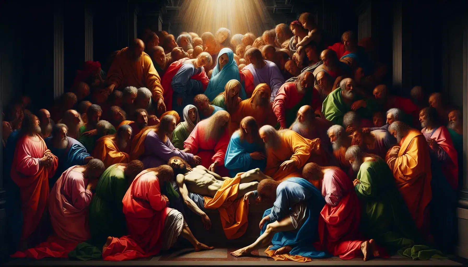 Riproduzione ad alta risoluzione del dipinto 'Deposizione dalla Croce' di Jacopo Pontormo, con figure umane in abiti vivaci disposte a piramide.