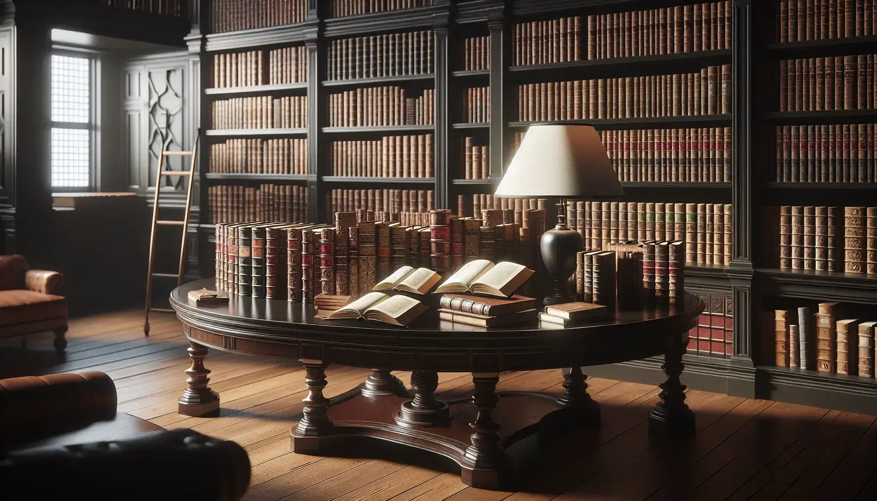 Biblioteca clásica con estanterías de madera oscura llenas de libros encuadernados en cuero, mesa central con libros abiertos y lámpara de pie, escalera de madera al fondo.