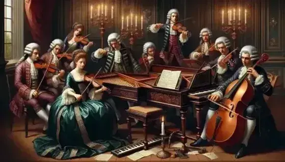 Gruppo di musicisti in costume barocco suona in sala affrescata, con clavicembalo, violino, viola da gamba, oboe e fagotto.