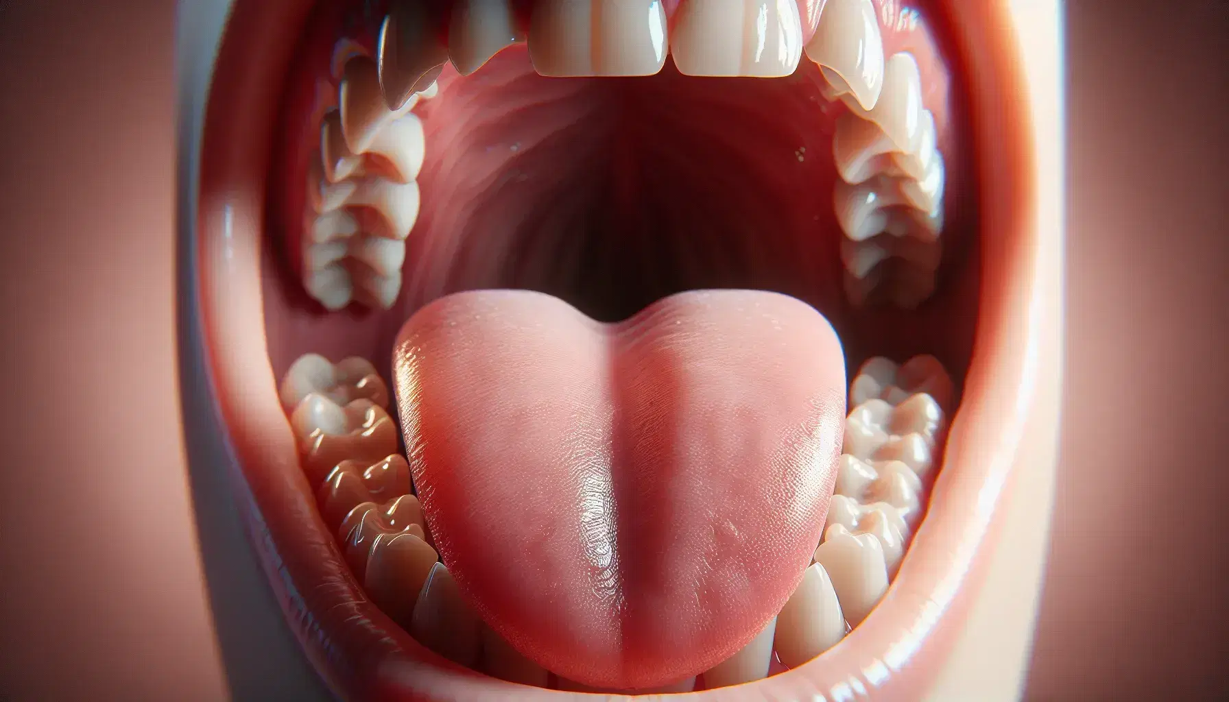 Primer plano de una boca abierta mostrando dientes superiores e inferiores blancos y limpios, lengua rosada con papilas y encías de tono rosa oscuro, iluminación suave desde arriba a la derecha.