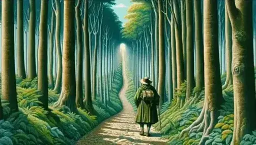 Sendero serpenteante en bosque denso con figura de peregrino de espaldas, vestimenta antigua, bastón y mochila, bajo luz solar filtrada por copas de árboles.