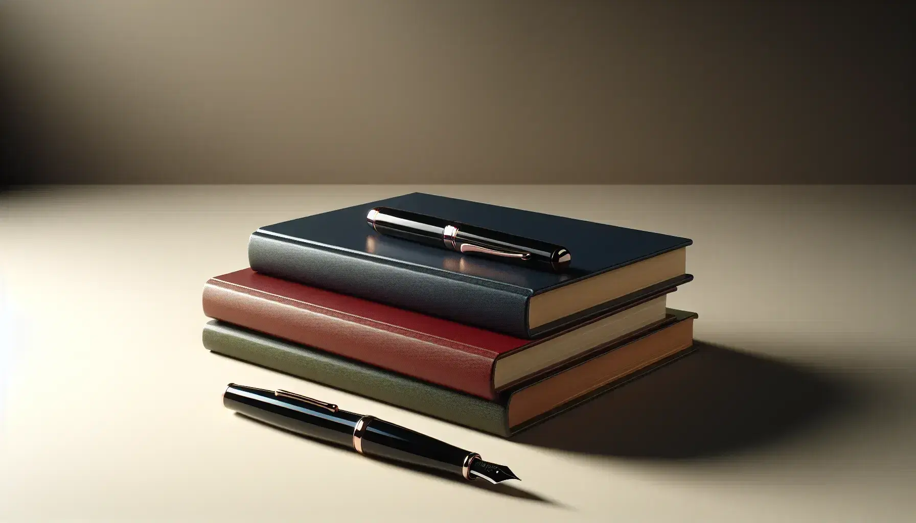 Pila de tres libros con tapas en rojo oscuro, azul marino y verde oscuro y pluma estilográfica negra con detalles metálicos sobre ellos.