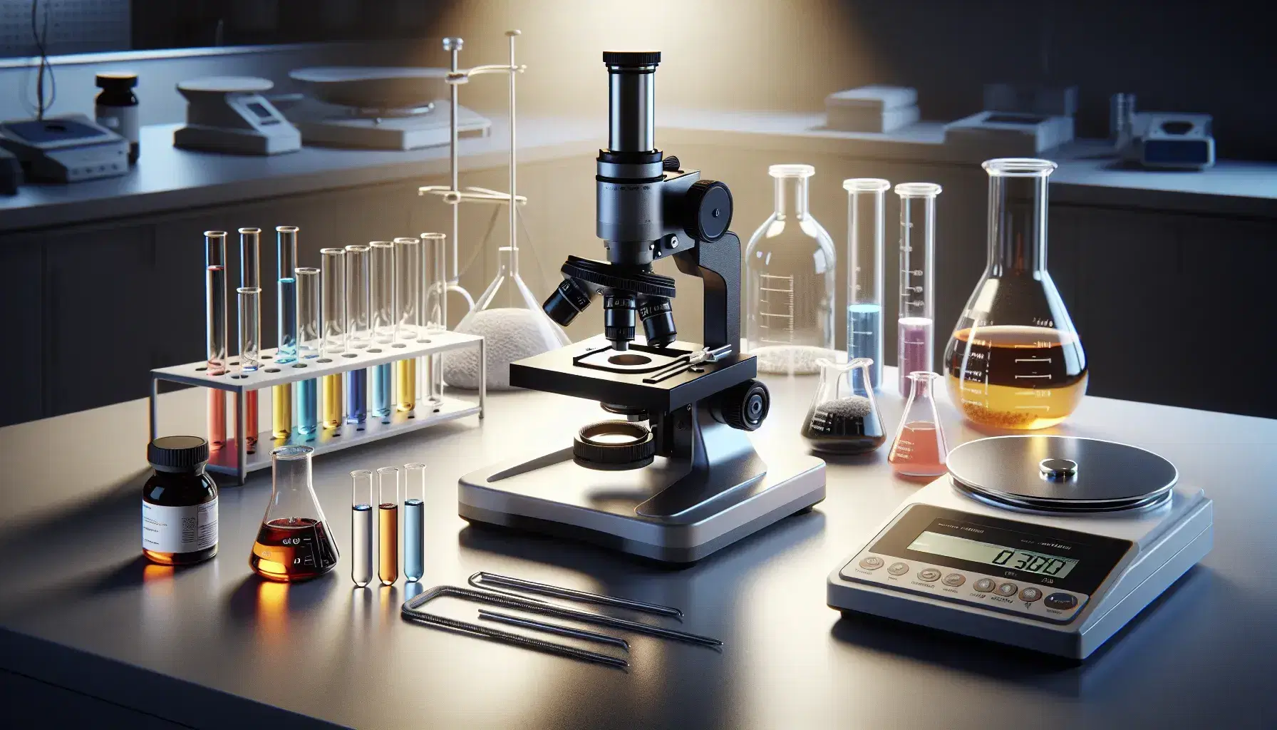 Laboratorio con microscopio compuesto, balanza analítica digital y tubos de ensayo con líquidos de colores en un ambiente de investigación científica.