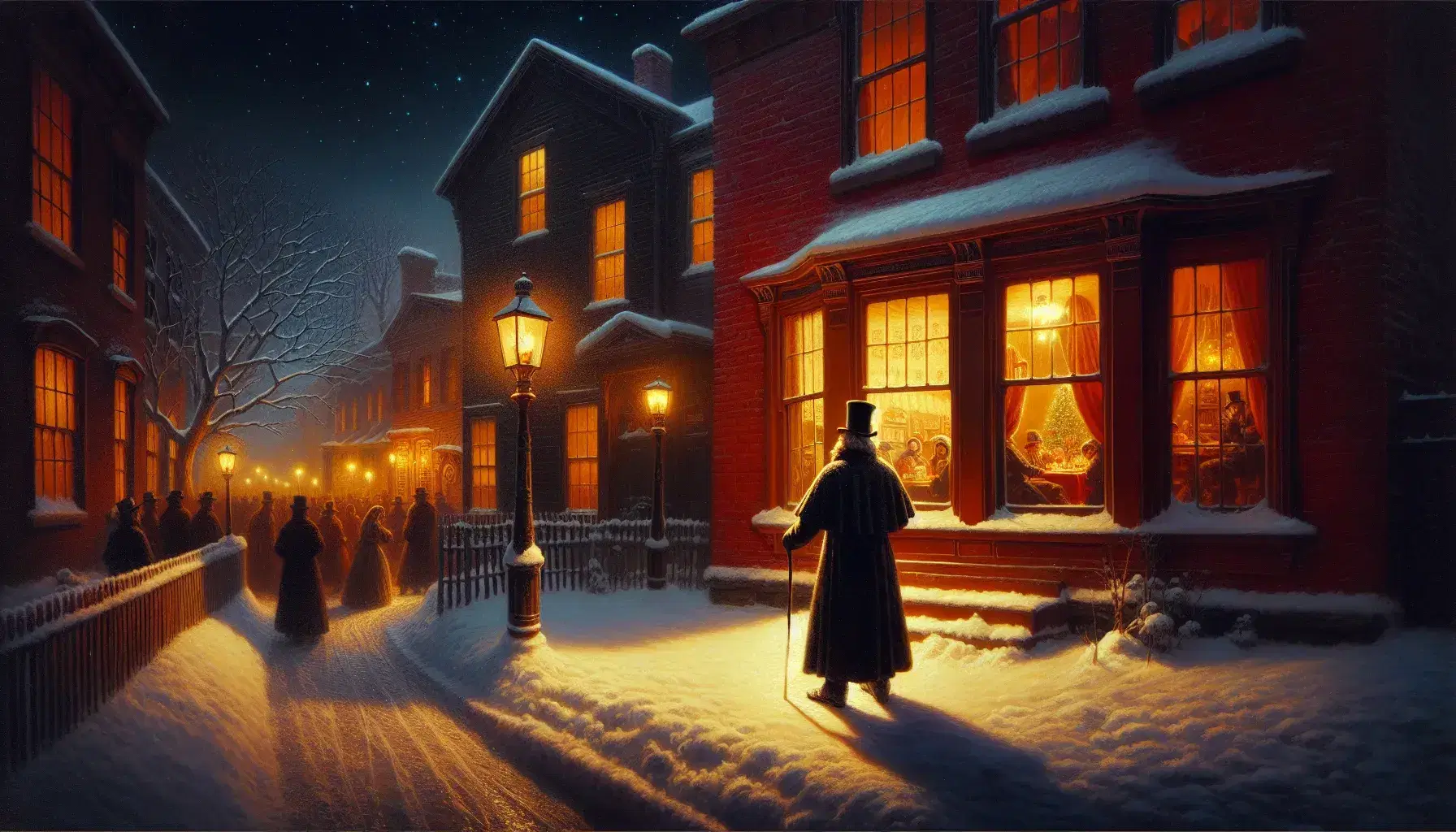 Escena nocturna victoriana con hombre en abrigo y sombrero junto a faroles de gas, observando una casa iluminada con personas reunidas, en una calle nevada.