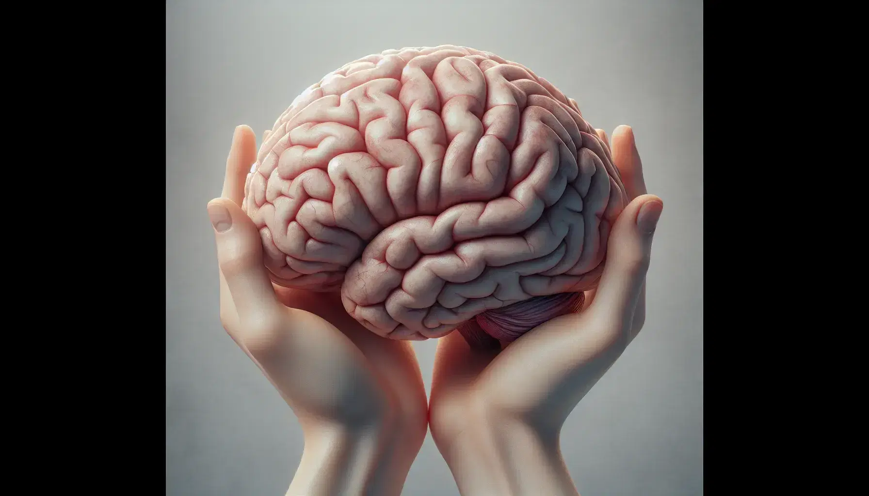 Cerebro humano detallado sostenido por manos en fondo neutro, mostrando lóbulos frontal, parietal, occipital y temporal.