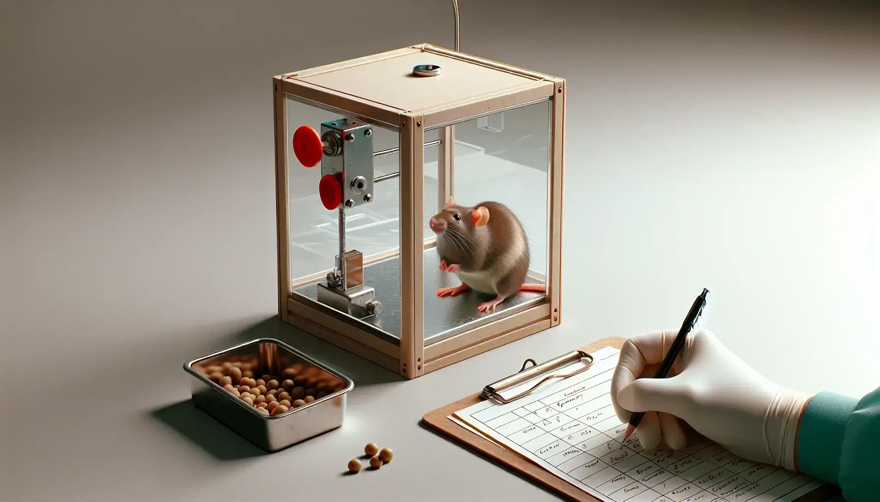 Brown rat presses red lever in transparent Skinner box in laboratory, with gloved hand noting on clipboard.