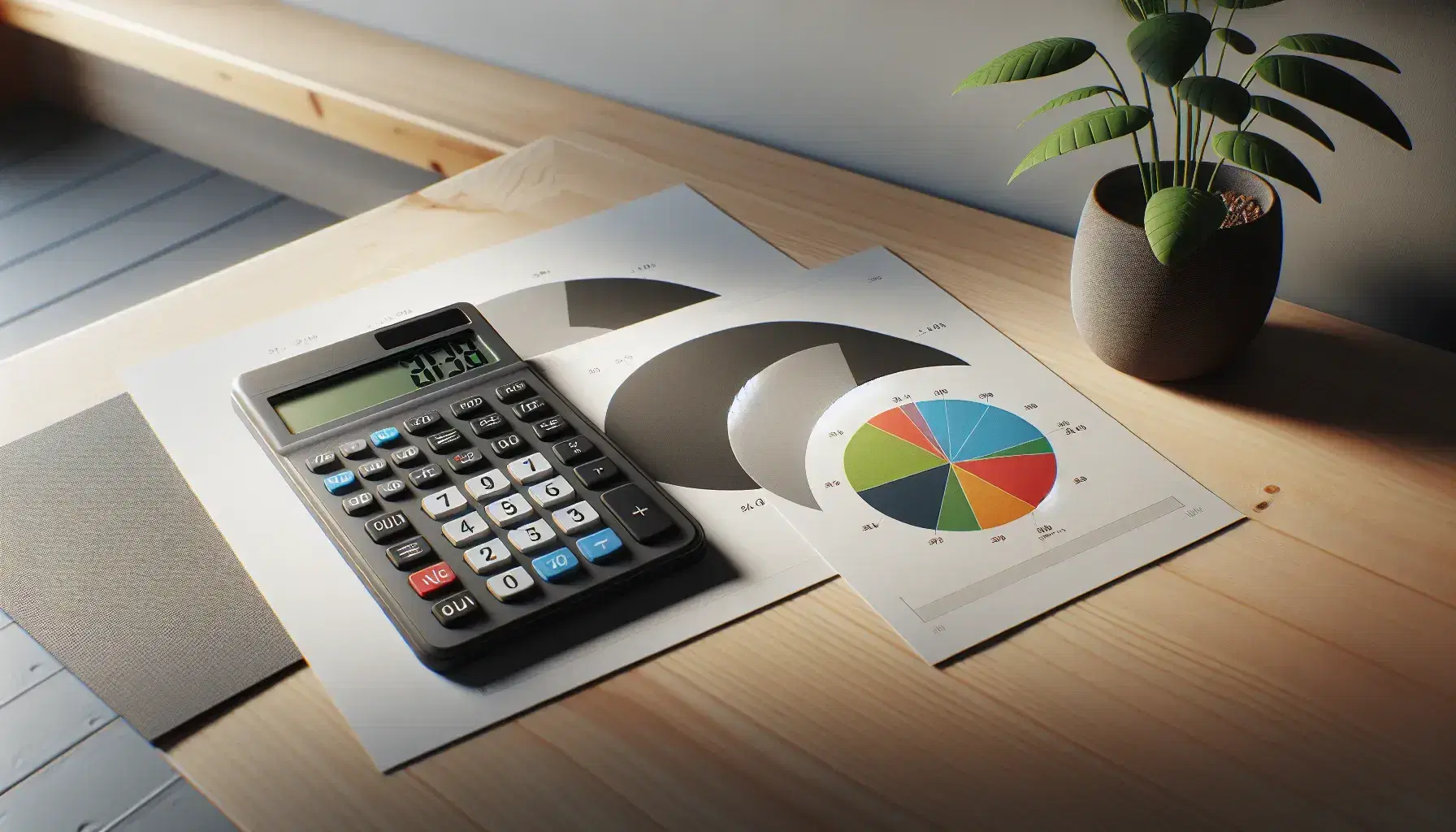 Calculadora científica gris sobre mesa de madera con gráficos circulares en colores variados al lado, y planta de interior al fondo.