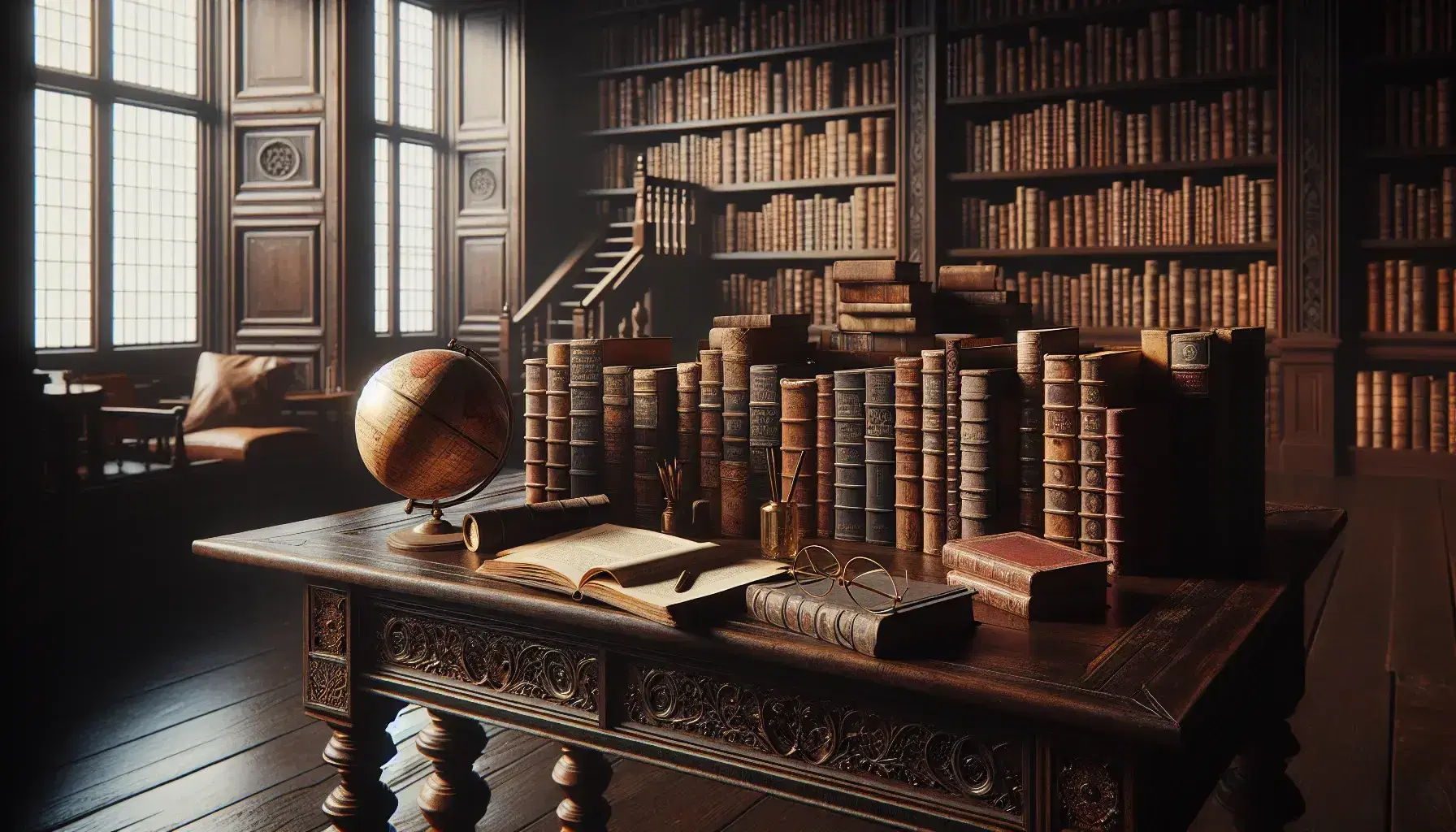 Biblioteca antigua con estantes de madera oscuros llenos de libros, mesa central con globo terráqueo y gafas, luz natural entrando por ventana alta.