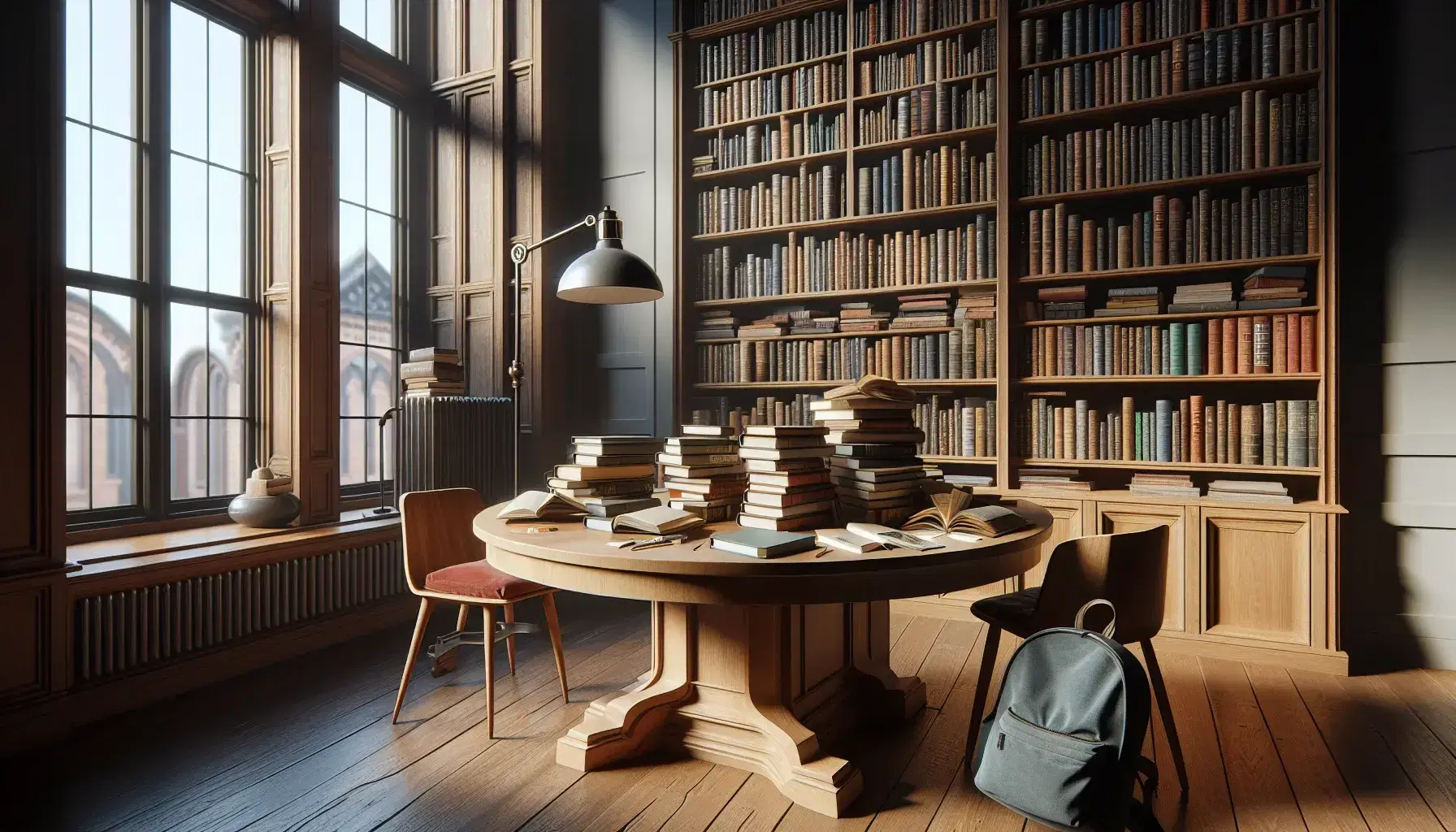 Biblioteca iluminada con estantes de madera oscura llenos de libros, mesa central con libros abiertos, lámpara y mochila azul en el suelo junto a silla con cojín rojo.