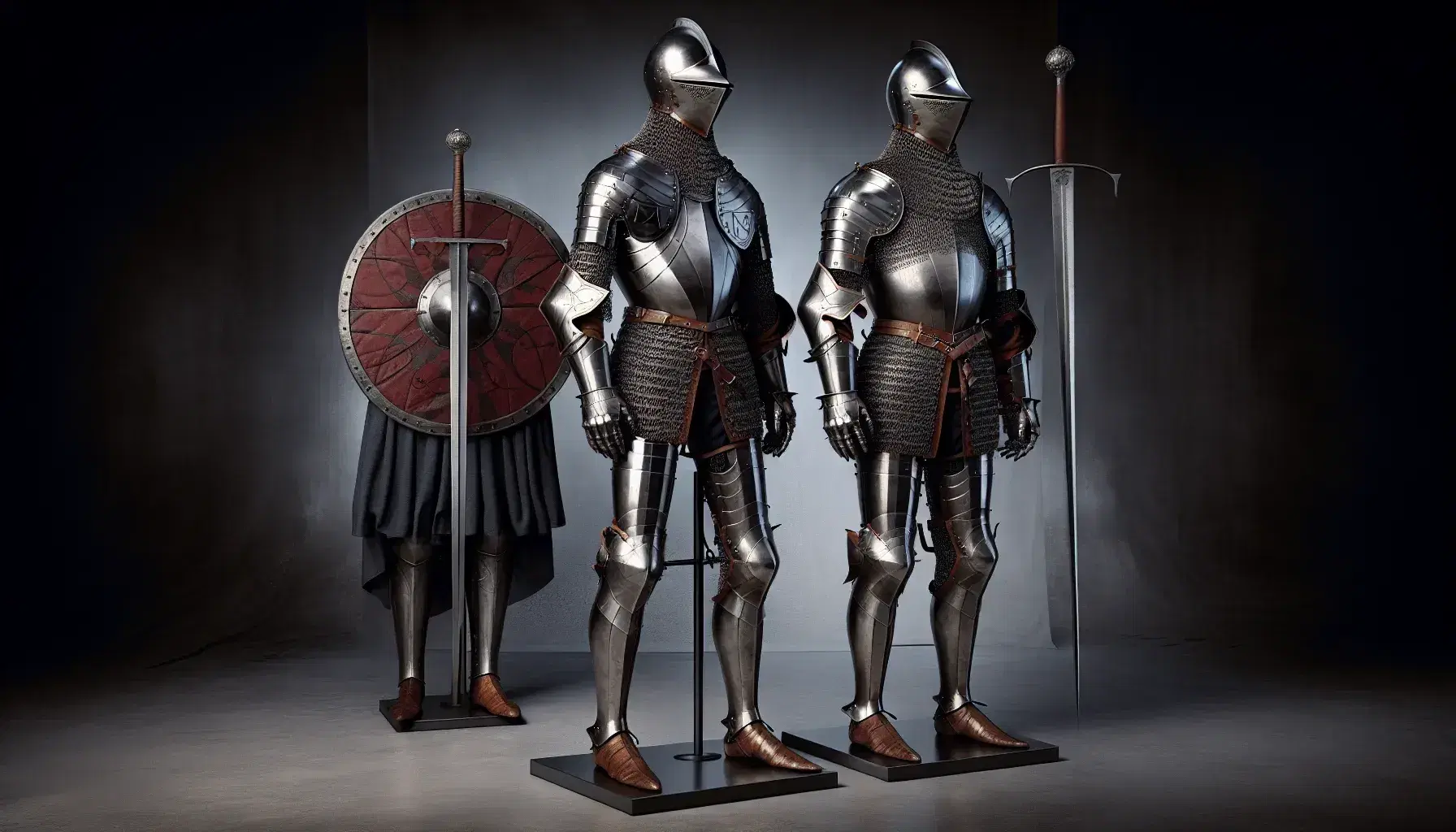 Armatura medievale franca con elmo, corazza incisa, guanti di maglia, gambali metallici e stivali marroni, accanto a spada e scudo rosso.