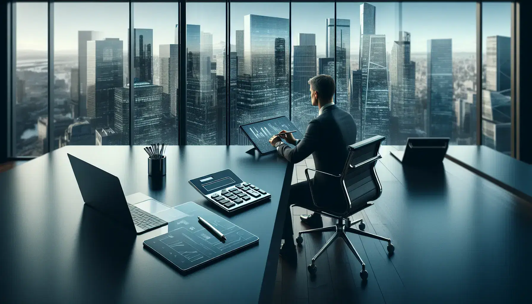 Professional in a dark suit works at a minimalist desk with a laptop and calculator, with a cityscape of skyscrapers visible through large windows.