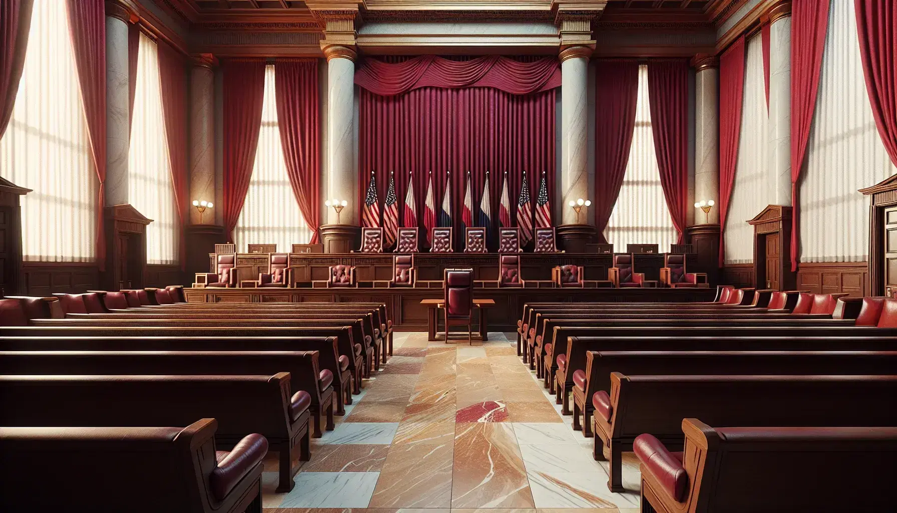 Elevated dark wood bench with nine burgundy chairs, red drapery, and American flag in a formal courtroom with marble columns and wooden pews.