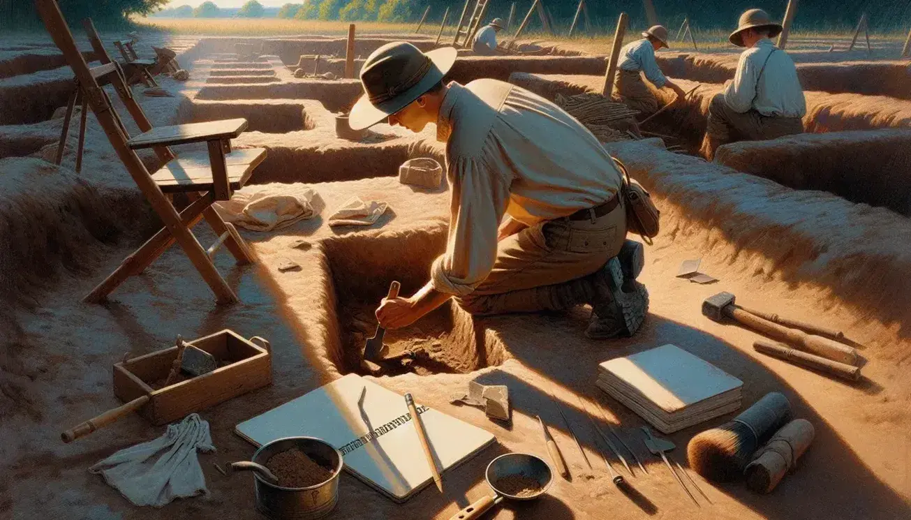Arqueólogo con sombrero y camisa caqui hincado excavando cuidadosamente un objeto antiguo en la tierra, con herramientas y colega tamizando suelo al fondo.