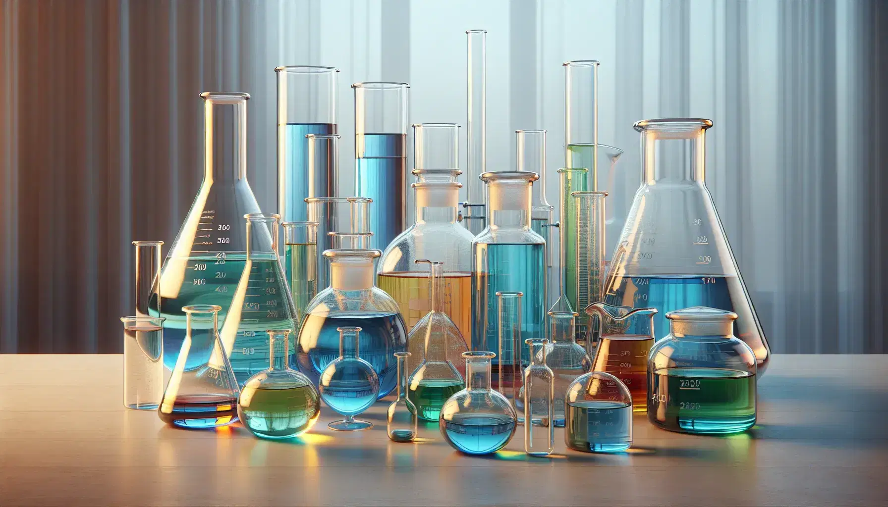 Frascos de vidrio con líquidos de colores en mesa de madera bajo luz natural, destacando un matraz Erlenmeyer azul y un vaso de precipitados verde.