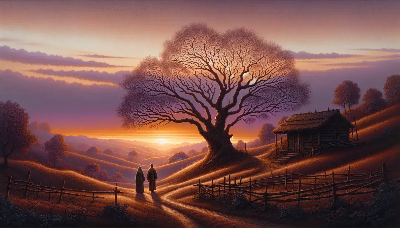 Coppia che cammina mano nella mano su sentiero collinare al tramonto, con albero spoglio e capanna rustica.