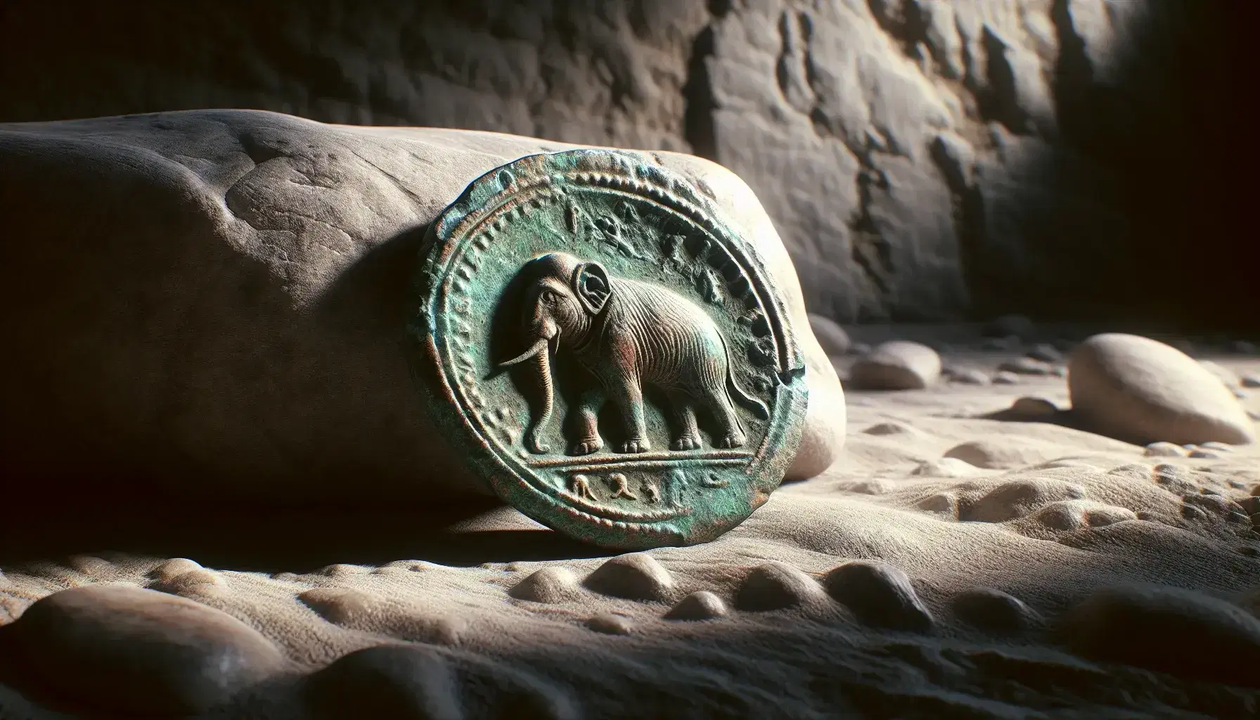 Moneta di bronzo cartaginese antica con elefante in rilievo su superficie pietrosa, patina verde-blu, illuminazione da sinistra.