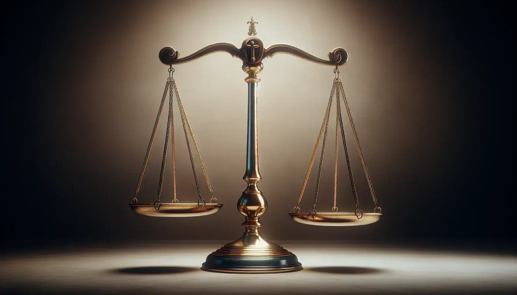 Balanza de justicia clásica equilibrada, de metal brillante sobre fondo uniforme, simbolizando equidad y ley sin distracciones visuales.