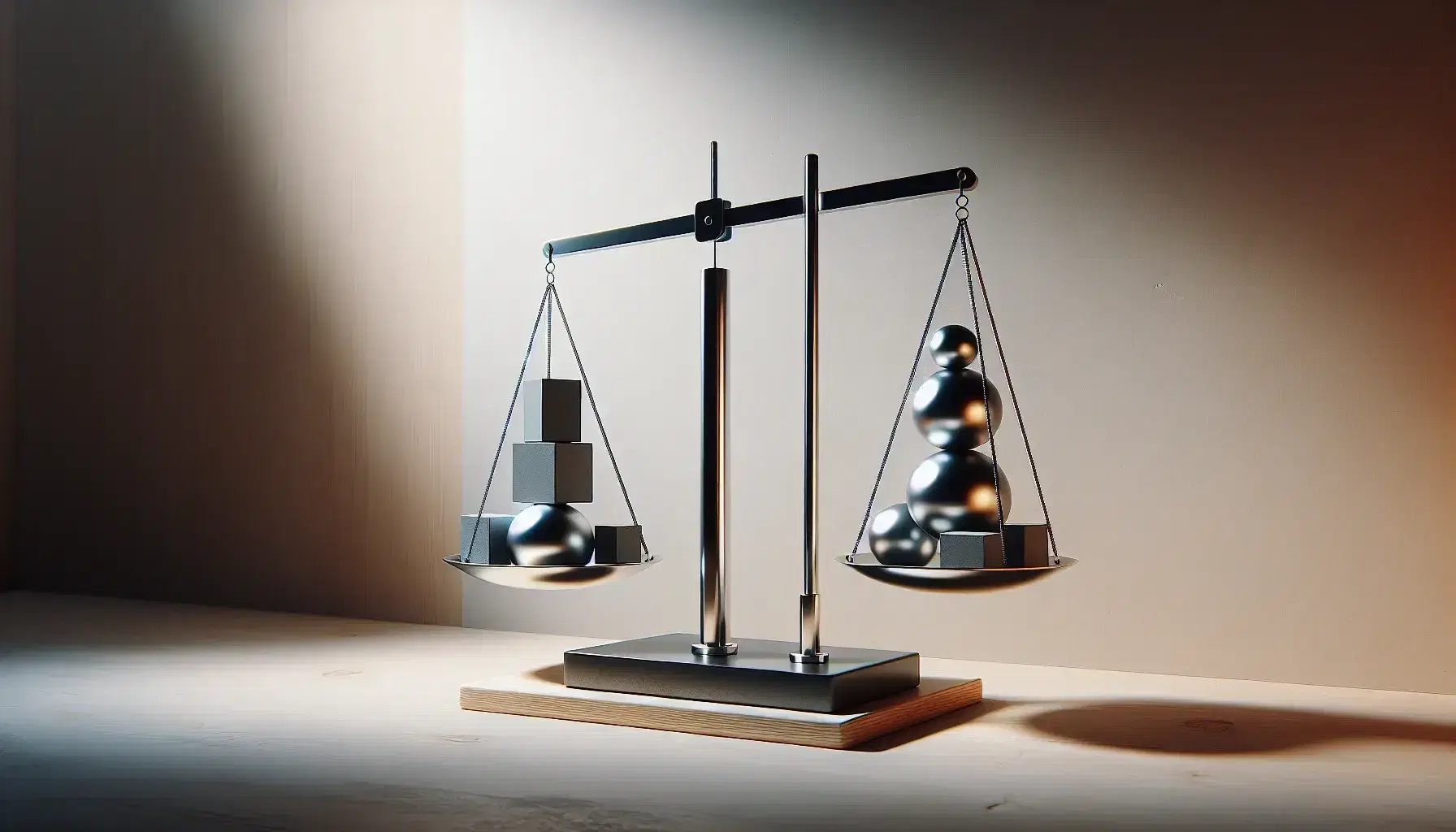 Bilance in equilibrio su banco in legno con oggetti geometrici in grigio, sfere, cubi e cilindri, che riflettono una luce soffusa.