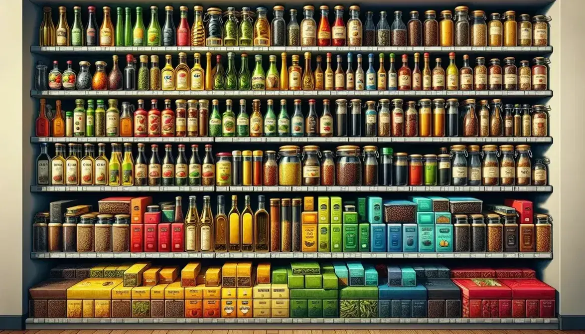 Organized grocery shelf with clear glass bottles of golden olive oil, assorted glass spice jars, neatly aligned tea boxes, and various coffee bean bags.