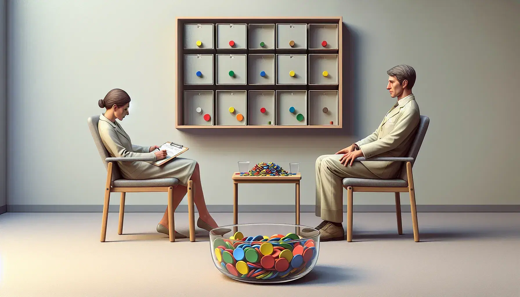 Therapist with notepad and patient taking a colored token from a bowl in a quiet room with shelf and colored boxes.