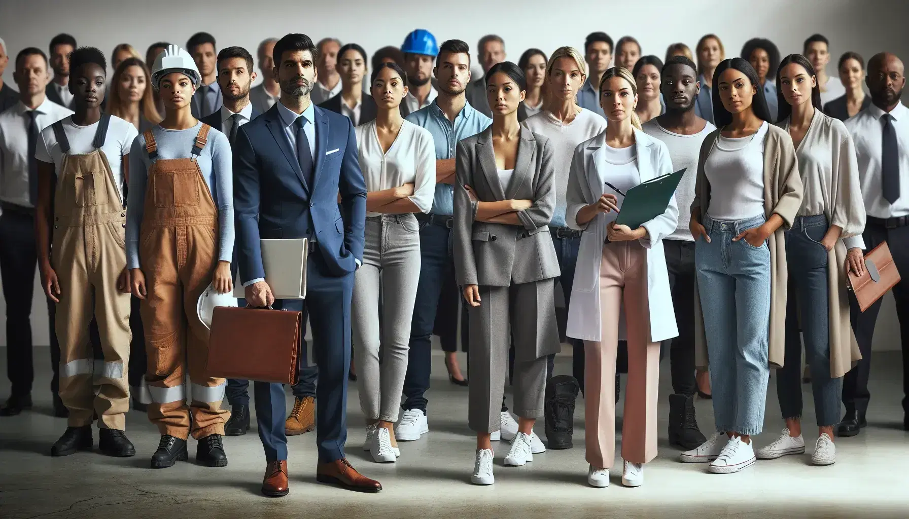 Grupo diverso de profesionales en semi-círculo con hombre hispano en traje al centro, rodeado de personas con atuendos laborales variados.