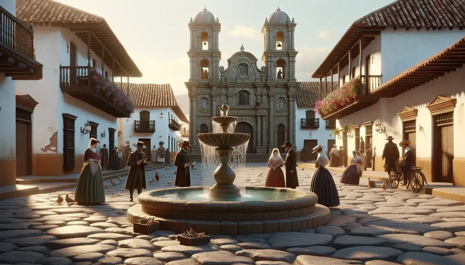 Plaza colonial colombiana con fuente de piedra, iglesia de arquitectura colonial, personas en vestimenta de época y carrito de frutas tropicales.