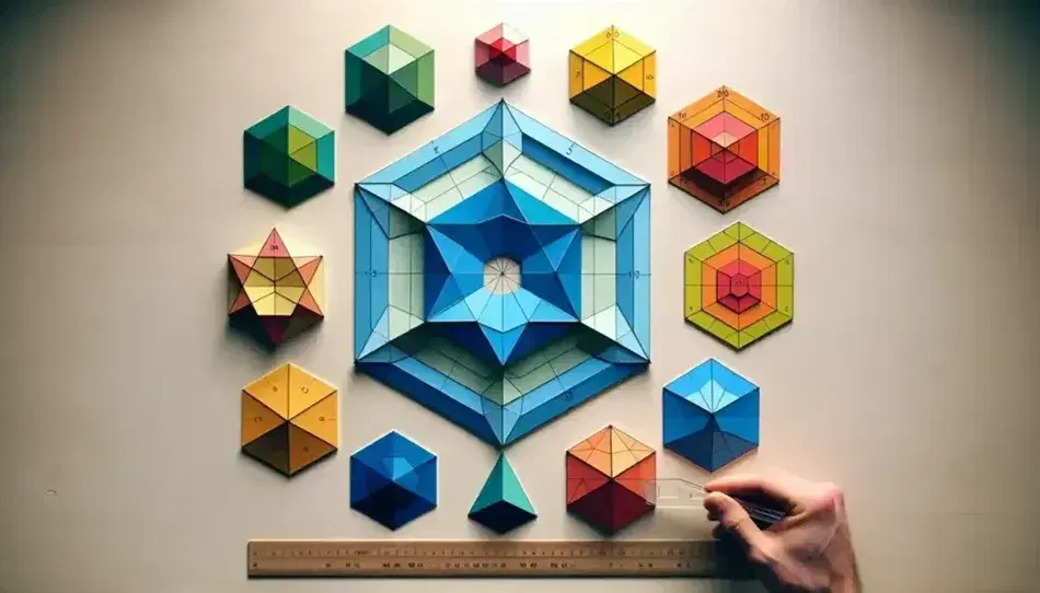 Poligoni colorati su sfondo neutro con pentagono blu centrale, circondato da triangolo verde, quadrato rosso, esagono giallo e ottagono arancione.