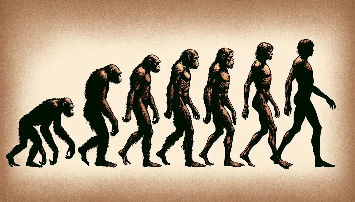 Secuencia de siluetas que representan la evolución humana desde un primate cuadrúpedo hasta el humano moderno, con posturas progresivamente erguidas y fondo degradado.