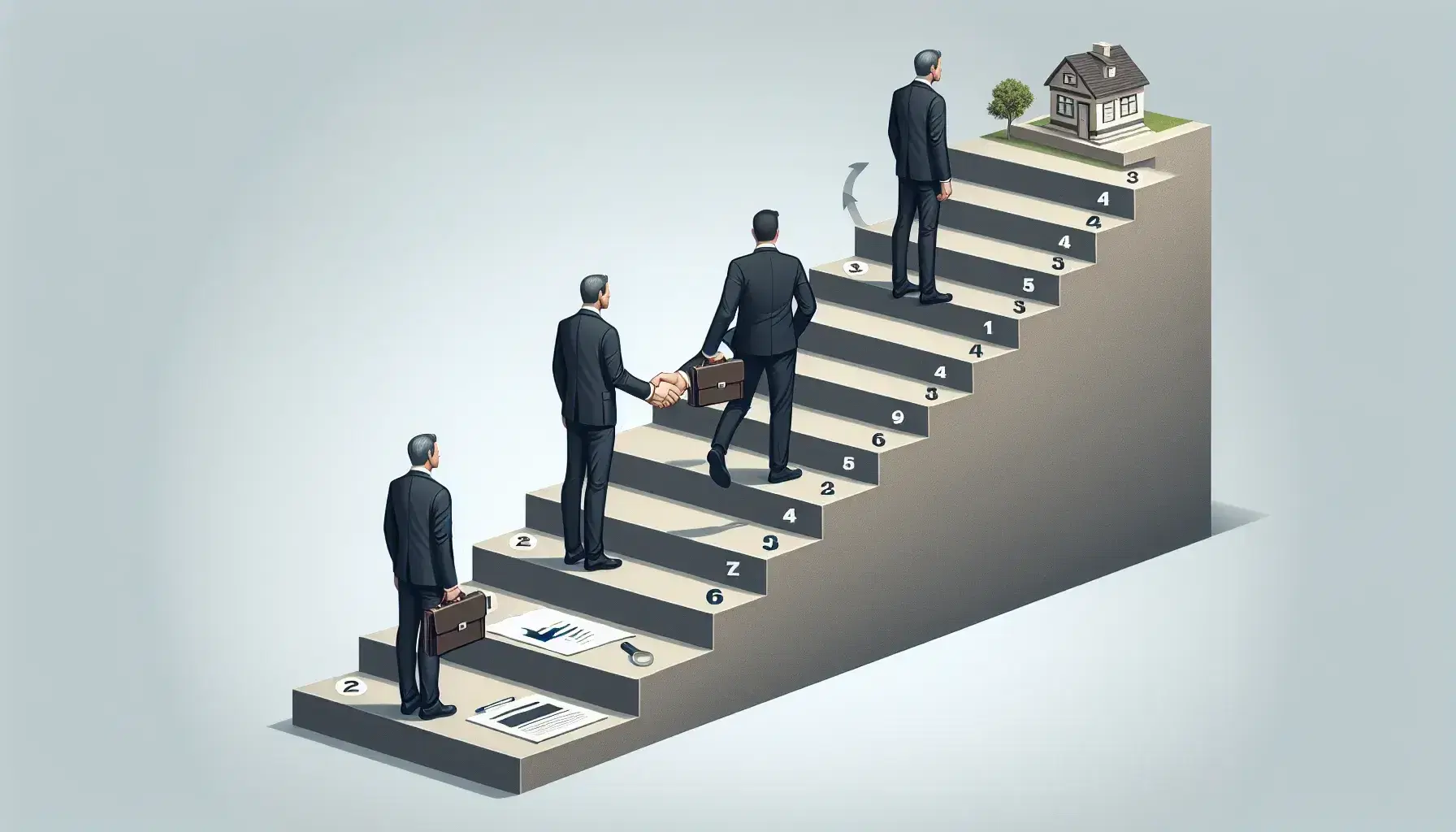 Hombre de negocios en el primer peldaño de una escalera de siete pasos que representan el proceso de ventas, con símbolos de producto, negociación y acuerdo hasta la entrega final.