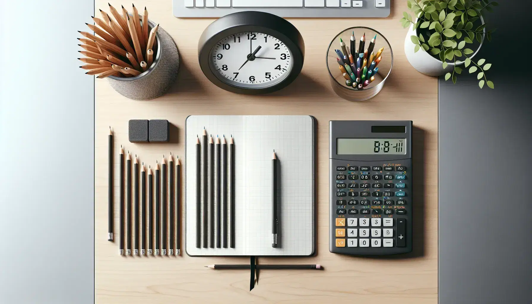 Tidy desk with open notebook, graphing calculator, pencils, glass with colored pencils, analog clock and green plant.