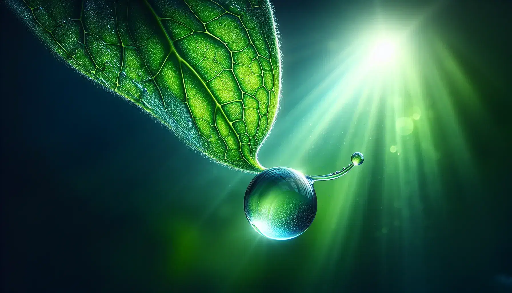 Gota de agua a punto de caer de la punta de una hoja verde con reflejos luminosos y fondo desenfocado en tonos verdes y azules.