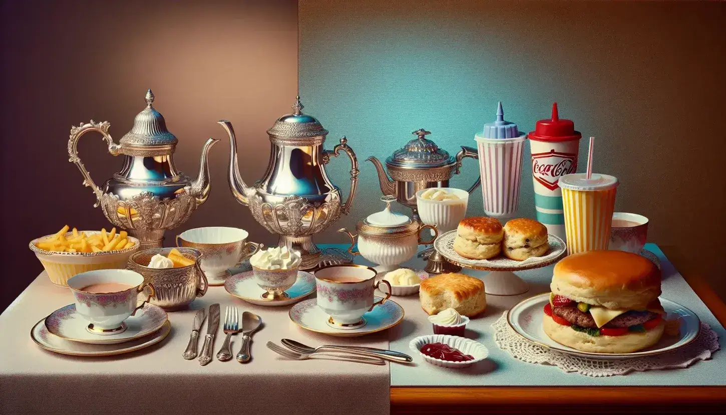 Traditional British tea set with scones beside an American fast-food meal featuring a hamburger and fries on a plastic tray, highlighting cultural dining contrasts.