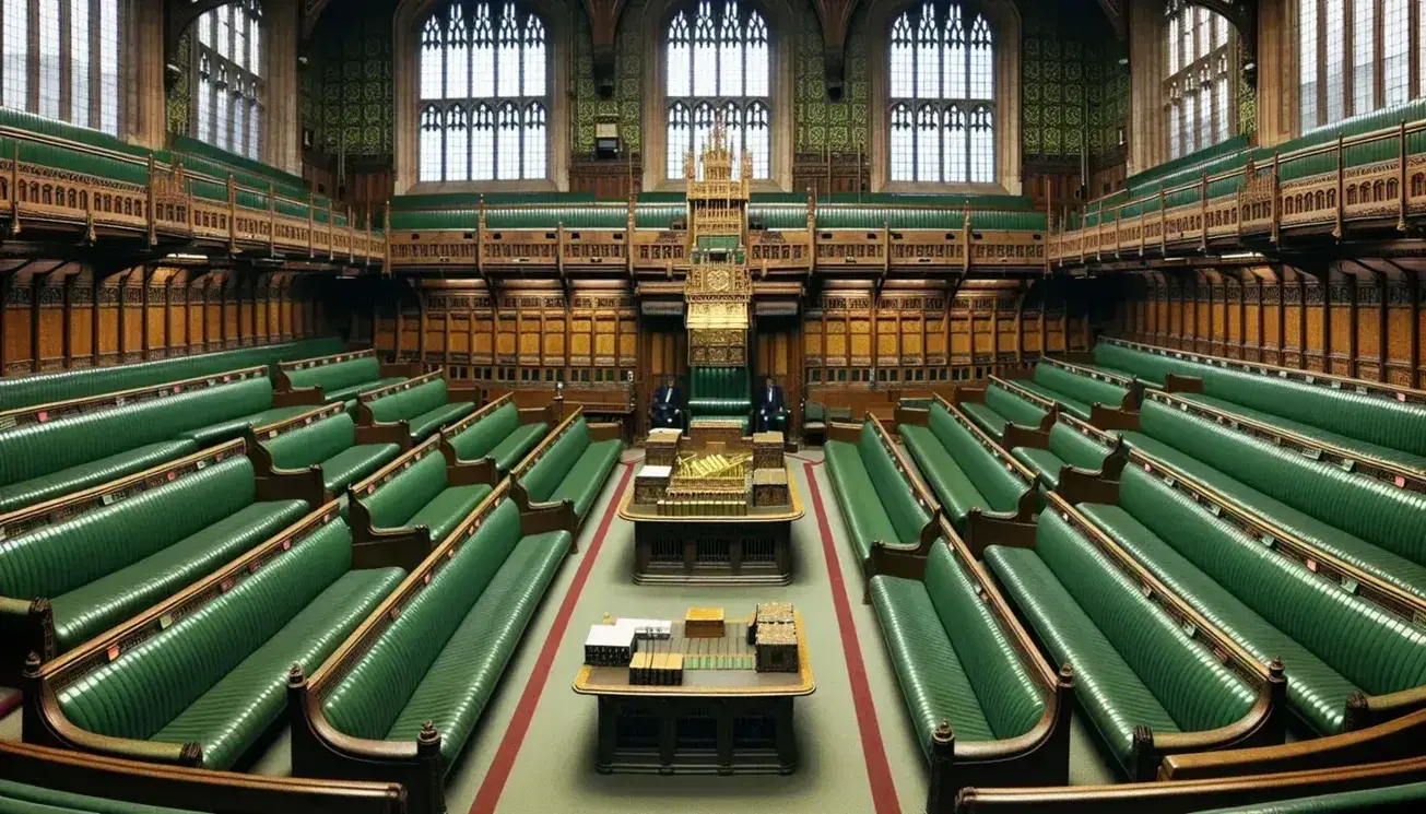 Interior view of the UK House of Commons with empty green benches, Speaker's Chair, ornate canopy, wood paneling, and brass chandeliers.