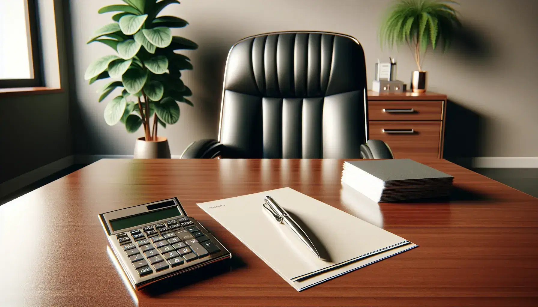 Polished wooden desk with modern calculator, blank paper stack, and silver pen, black leather office chair, and indoor plant in terracotta pot.