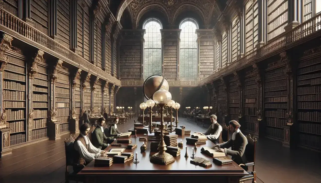 18th century library with arched windows, wooden shelves full of bound books, people in period clothing and globe on pedestal.