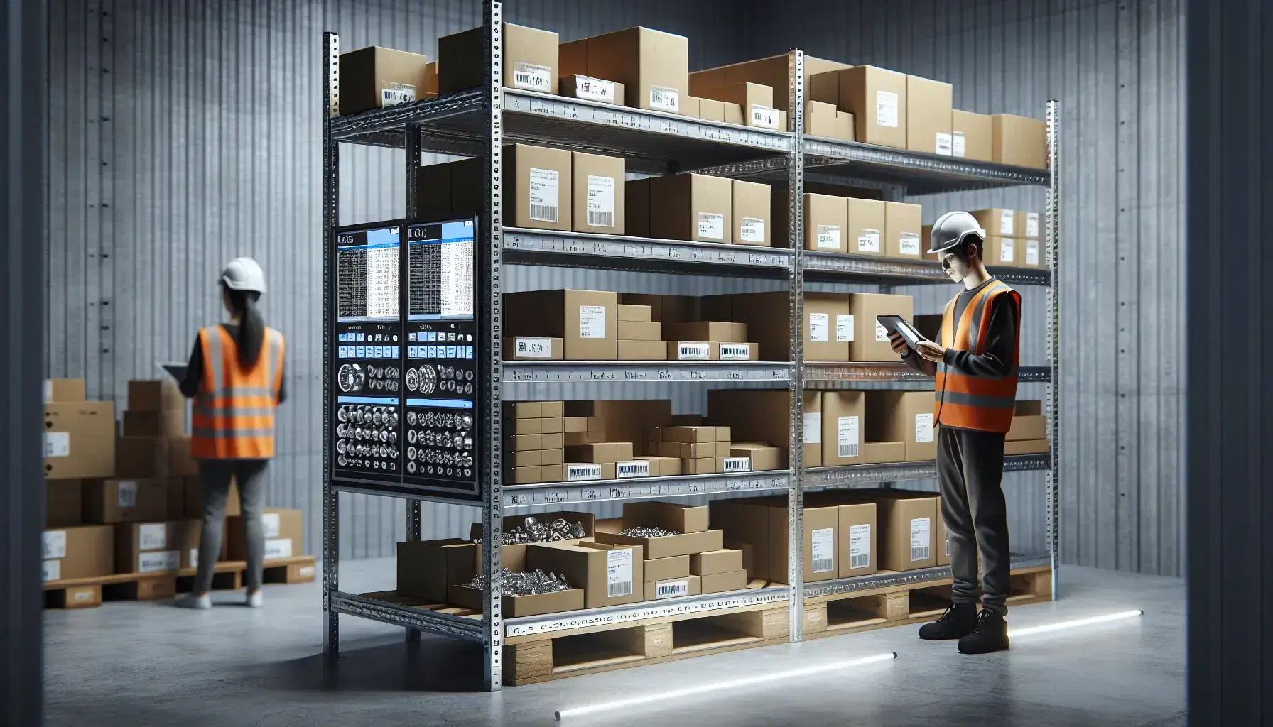 Estante metálico con cajas de cartón y piezas mecánicas en almacén iluminado, trabajador con chaleco reflectante y casco usando dispositivo electrónico.