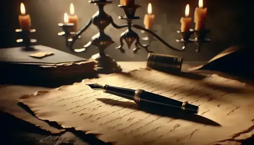 Pluma fuente negra antigua con detalles dorados sobre hojas de papel envejecido, iluminadas por la luz cálida de un candelabro borroso al fondo.