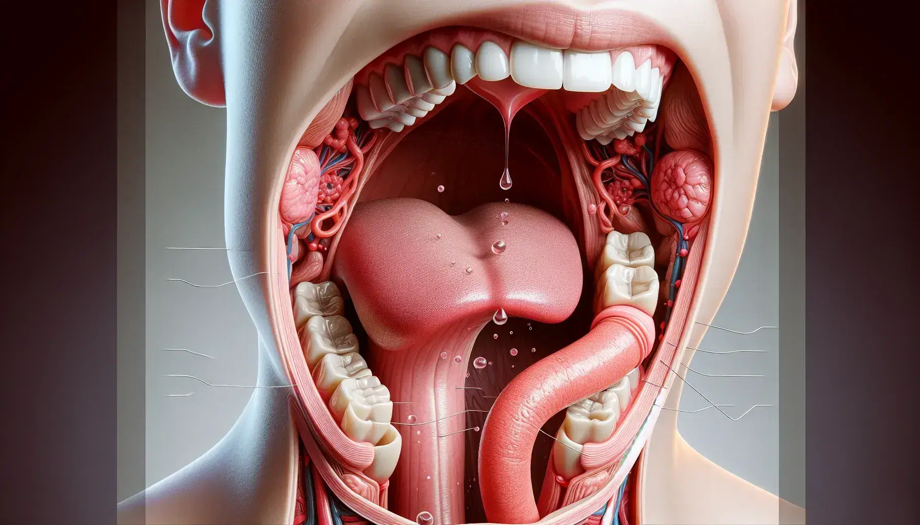 Vista anatómica detallada del sistema digestivo humano con boca abierta, dientes blancos, lengua rosa y glándulas salivales en tonos de rosa a rojo, conectadas al esófago sin comida visible.