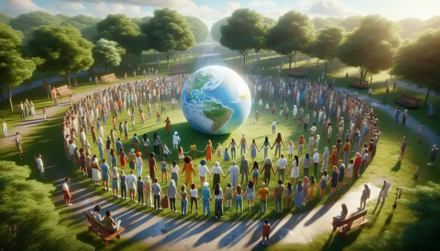 Grupo diverso de personas sosteniendo un globo terráqueo azul claro en un parque soleado con árboles y bancos de madera, simbolizando unidad y cooperación.