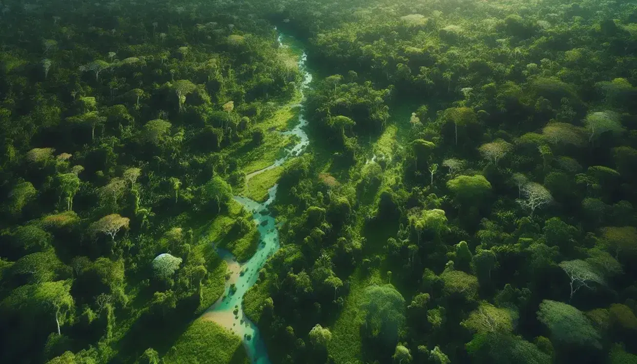 Vista aérea de un bosque frondoso con un río serpenteante, reflejando el cielo y rodeado de variados tonos de verde sin señales de actividad humana.
