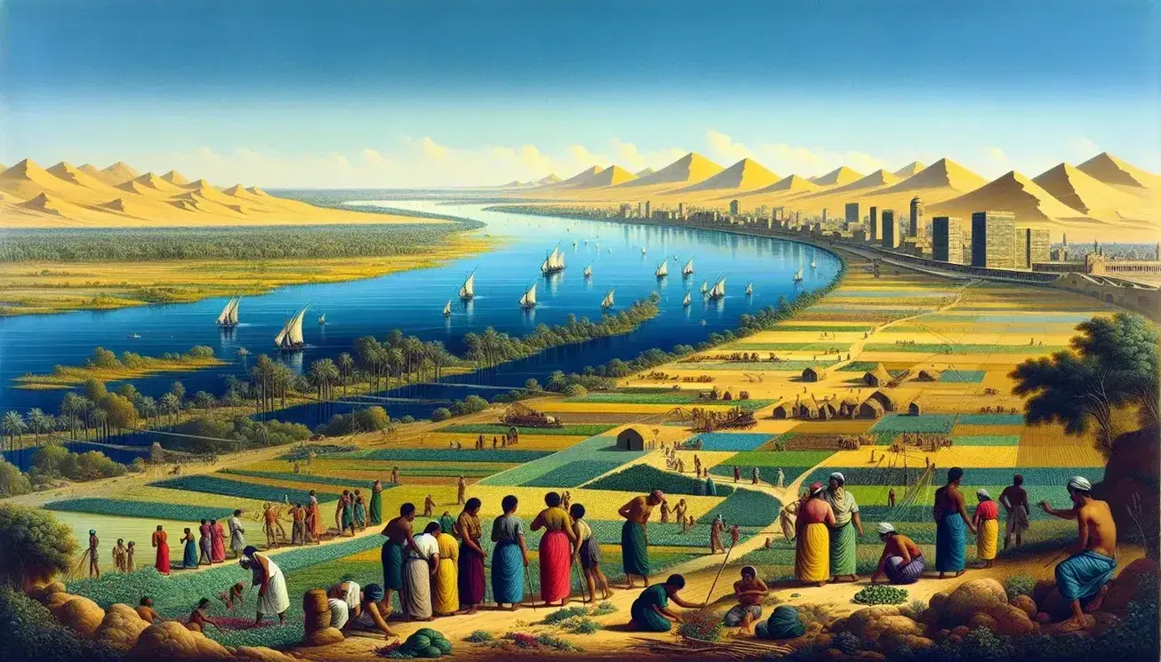 Vista panoramica del fiume Nilo con città moderna sulla sponda sinistra, agricoltori al lavoro sulla destra e piramidi in lontananza.