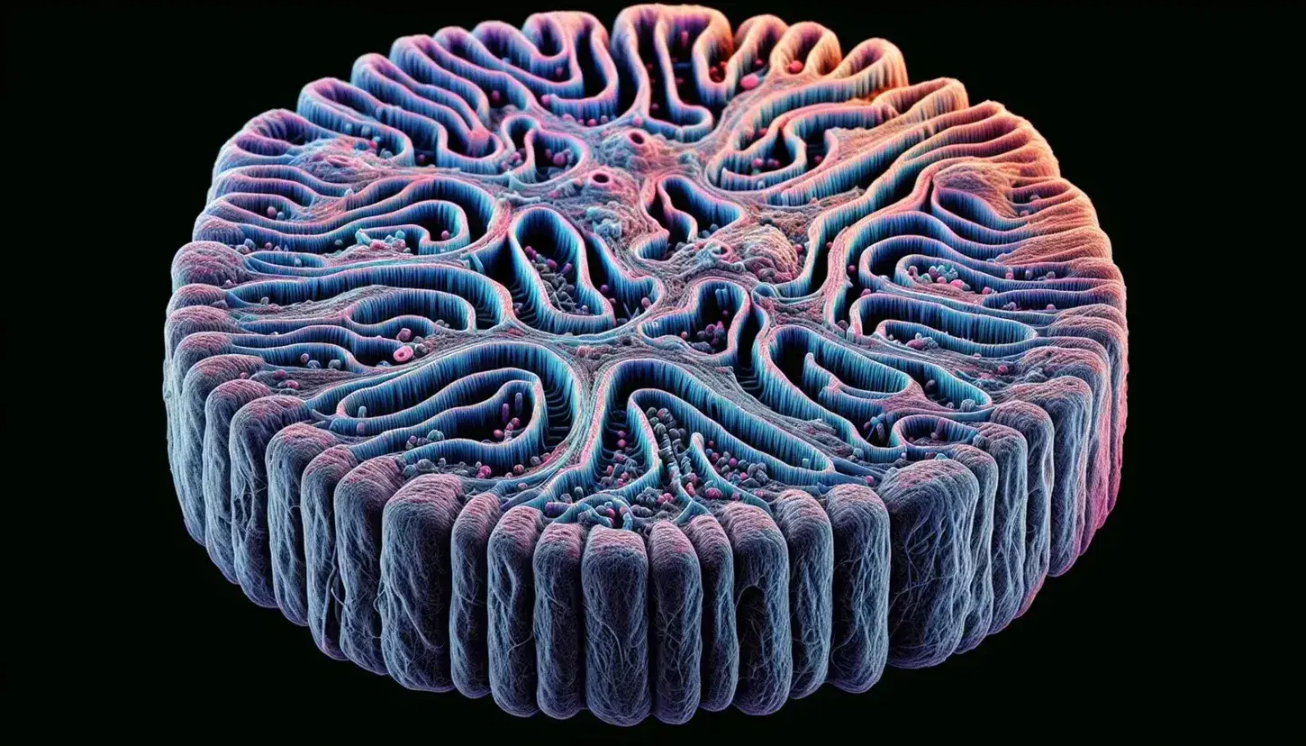 Mitochondrio al microscopio elettronico con membrane evidenziate in blu e cristae in tonalità di rosa e viola, senza testo.